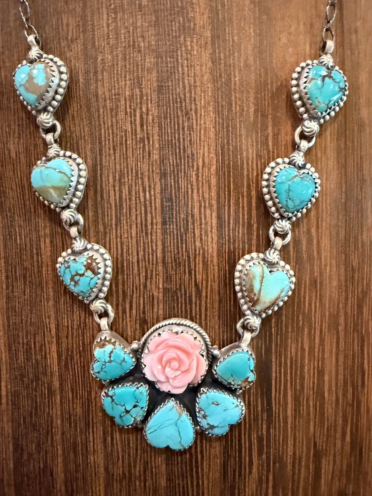 Number 8 Mine and Queen Pink Conch Rose 20 Inch Lariat Necklace in Sterling Silver