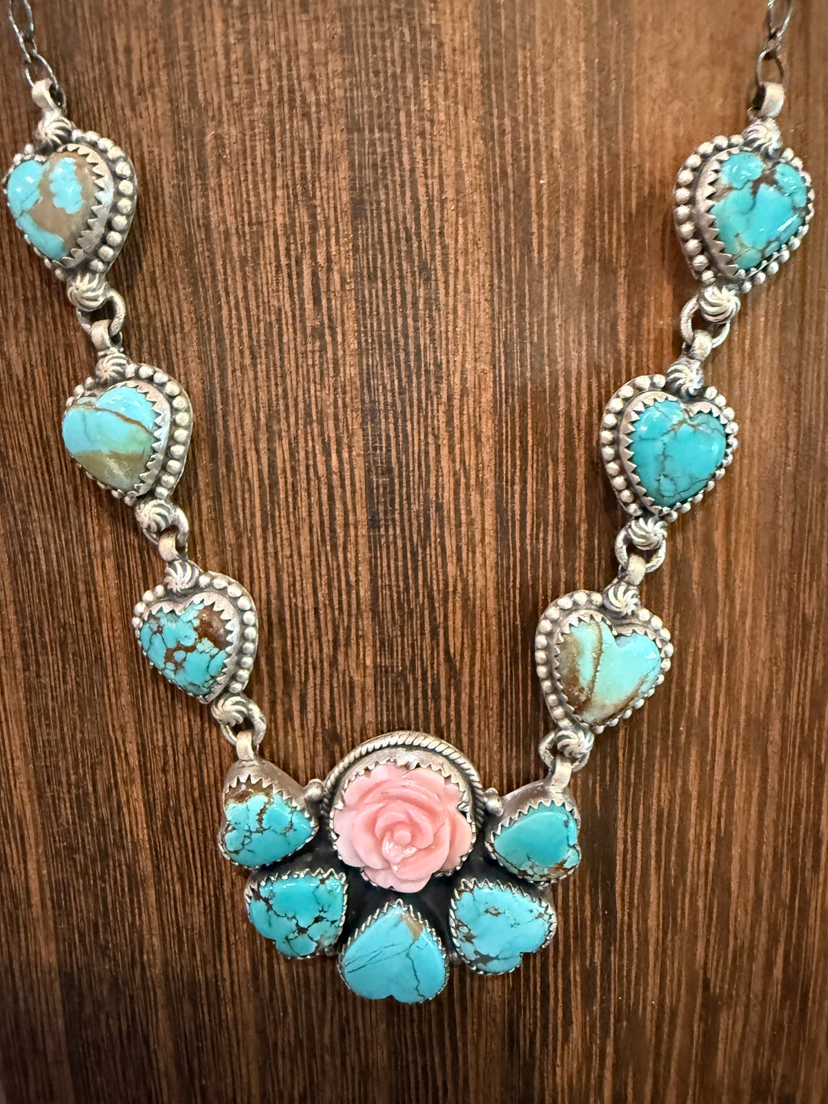 Number 8 Mine and Queen Pink Conch Rose 20 Inch Lariat Necklace in Sterling Silver
