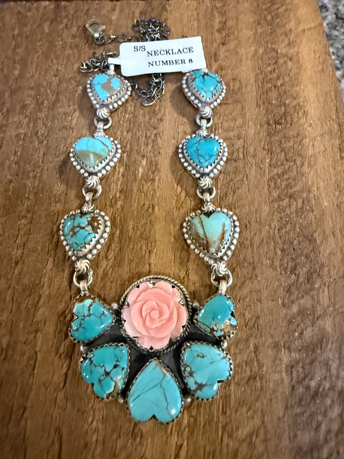 Number 8 Mine and Queen Pink Conch Rose 20 Inch Lariat Necklace in Sterling Silver