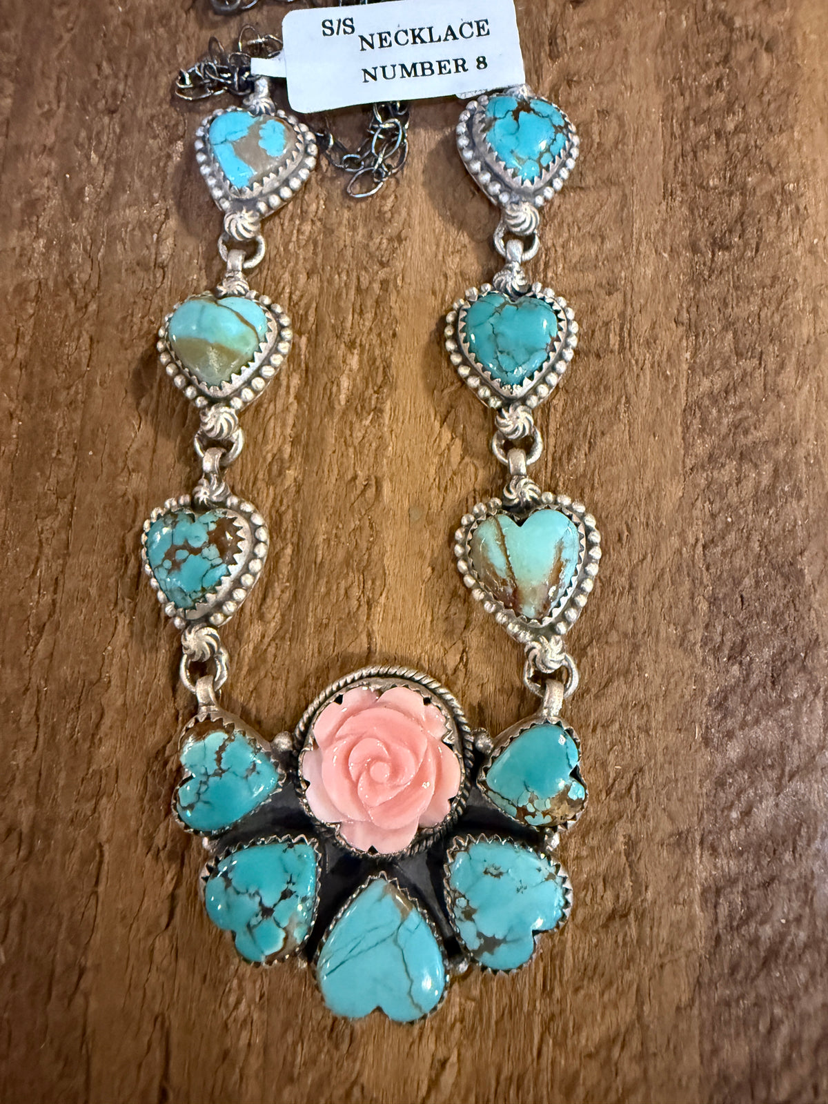 Number 8 Mine and Queen Pink Conch Rose 20 Inch Lariat Necklace in Sterling Silver