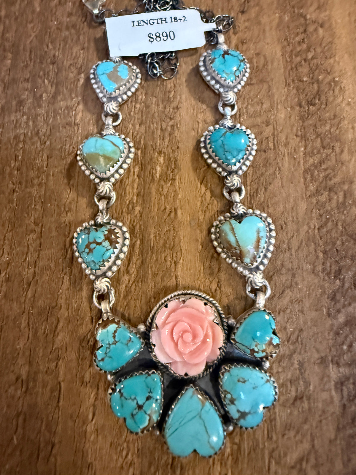 Number 8 Mine and Queen Pink Conch Rose 20 Inch Lariat Necklace in Sterling Silver