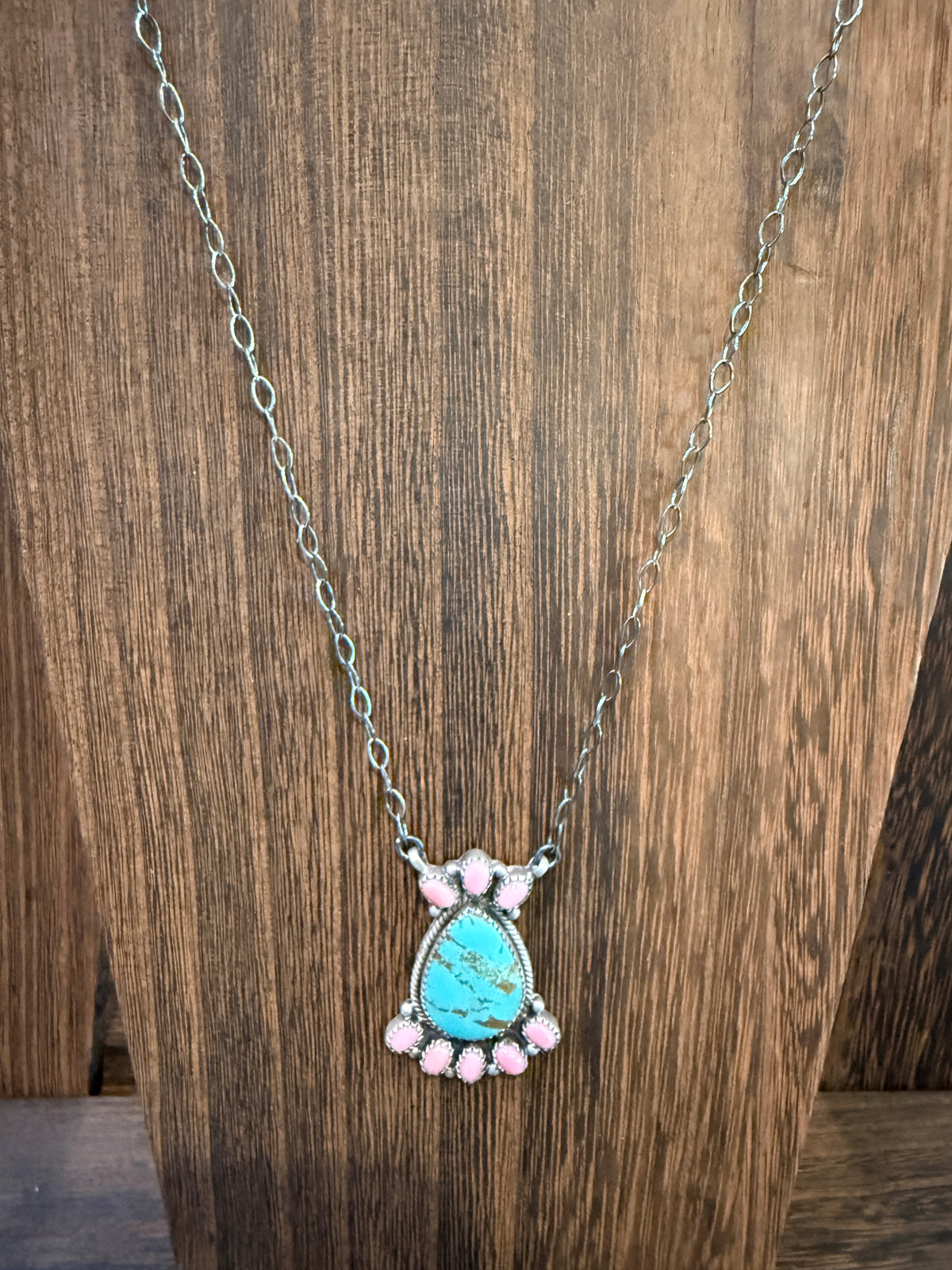 Queen Pink Conch and Number 8 Mine Turquoise 2 Inch Pendant 19 Inch Chain Necklace in Sterling Silver