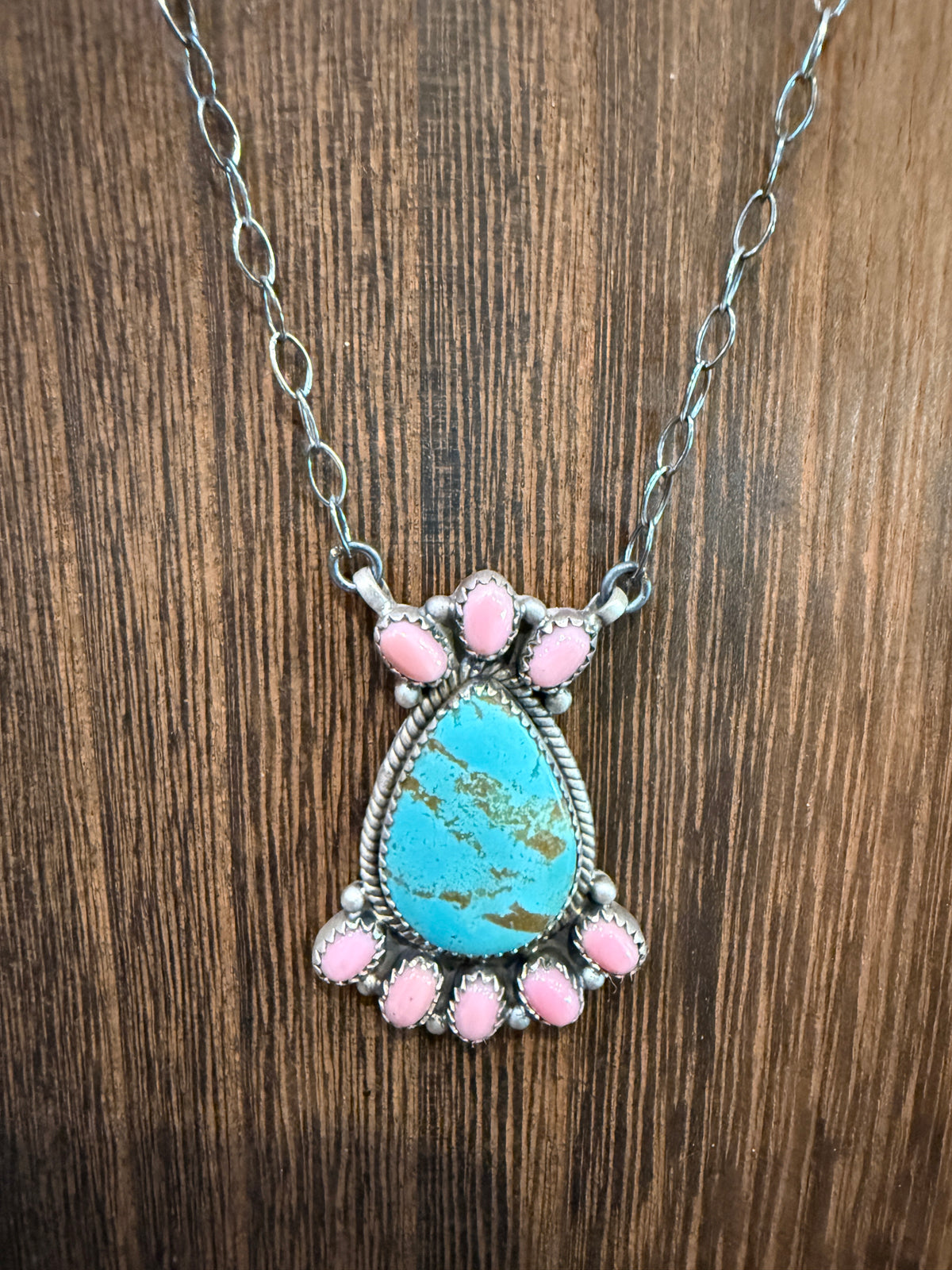 Queen Pink Conch and Number 8 Mine Turquoise 2 Inch Pendant 19 Inch Chain Necklace in Sterling Silver