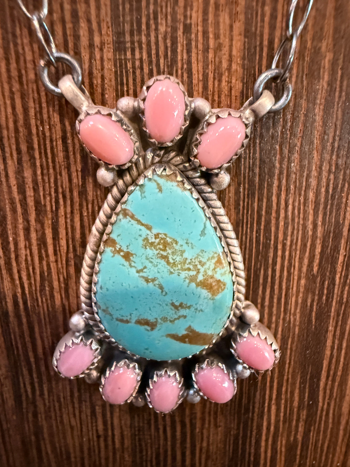 Queen Pink Conch and Number 8 Mine Turquoise 2 Inch Pendant 19 Inch Chain Necklace in Sterling Silver