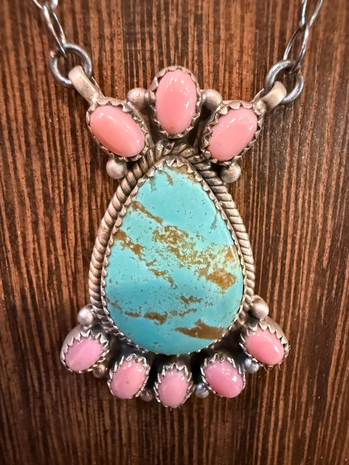 Queen Pink Conch and Number 8 Mine Turquoise 2 Inch Pendant 19 Inch Chain Necklace in Sterling Silver