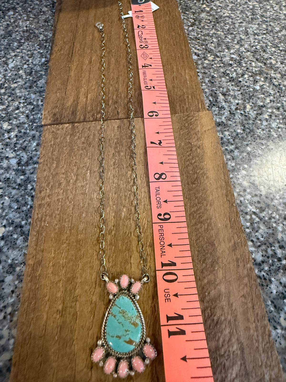 Queen Pink Conch and Number 8 Mine Turquoise 2 Inch Pendant 19 Inch Chain Necklace in Sterling Silver
