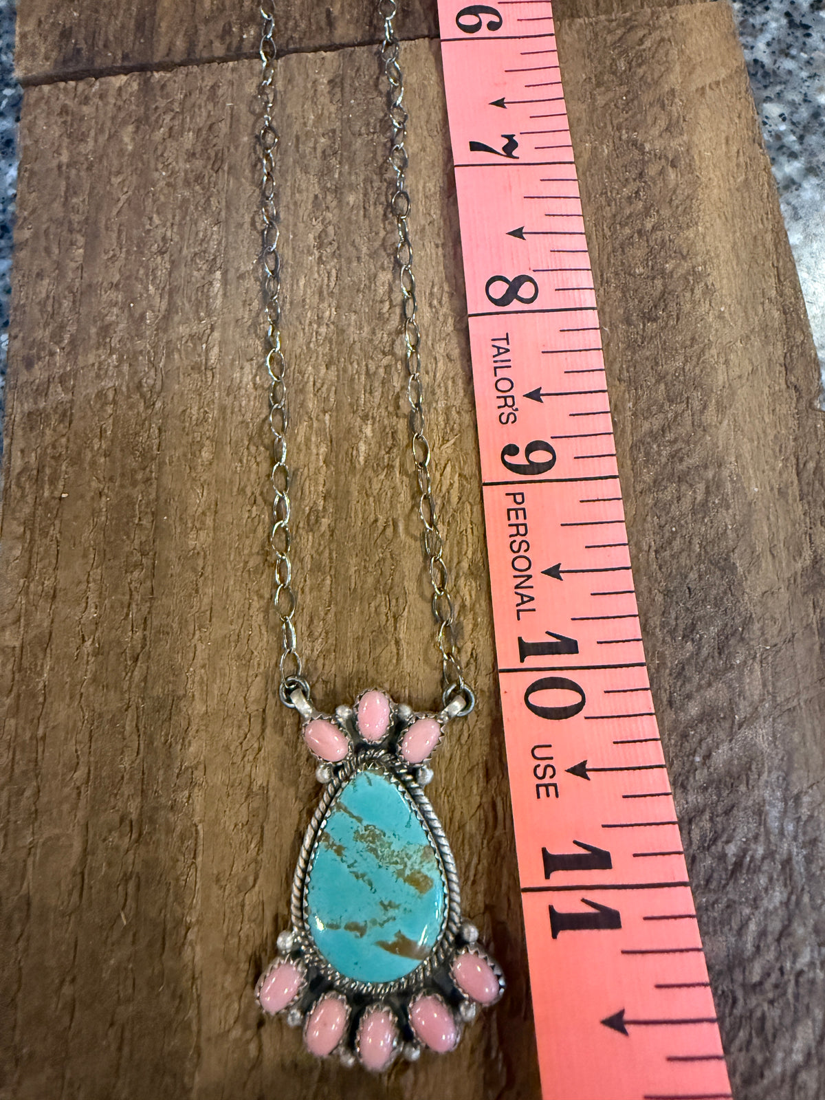Queen Pink Conch and Number 8 Mine Turquoise 2 Inch Pendant 19 Inch Chain Necklace in Sterling Silver