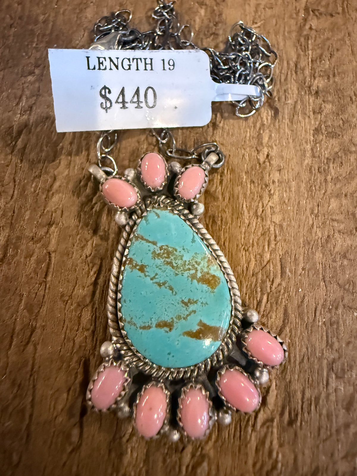 Queen Pink Conch and Number 8 Mine Turquoise 2 Inch Pendant 19 Inch Chain Necklace in Sterling Silver