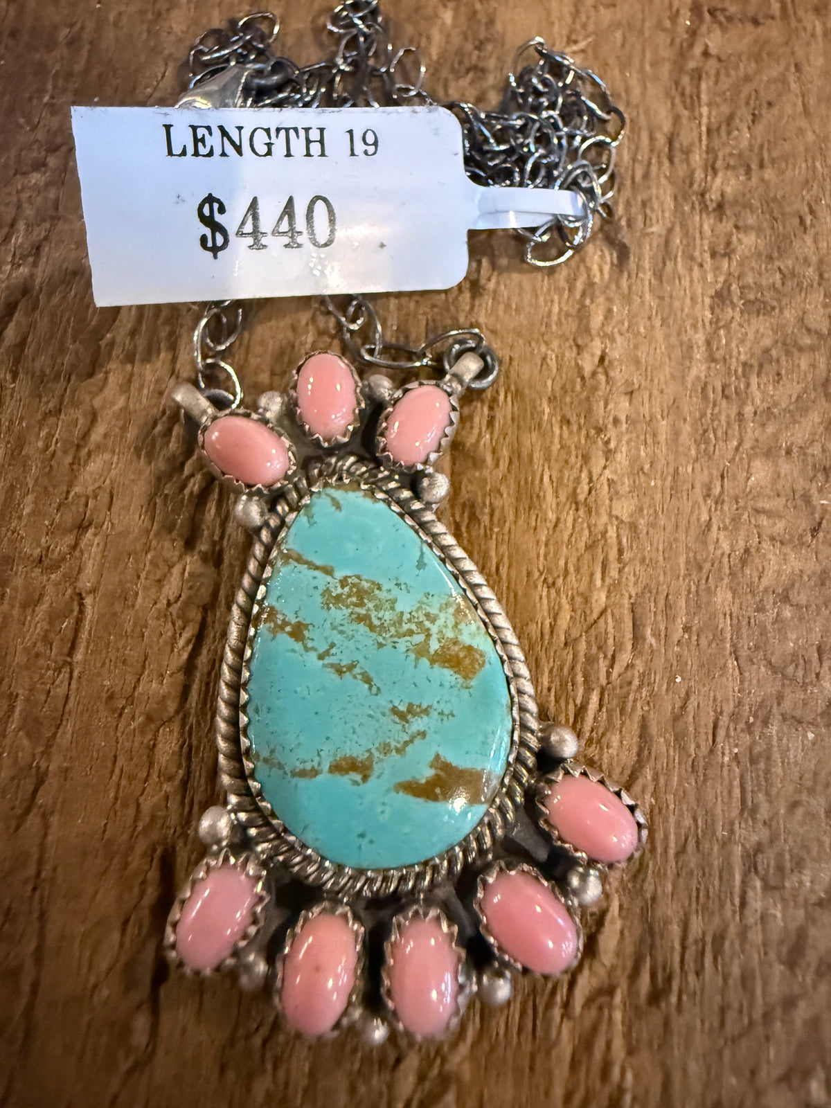 Queen Pink Conch and Number 8 Mine Turquoise 2 Inch Pendant 19 Inch Chain Necklace in Sterling Silver