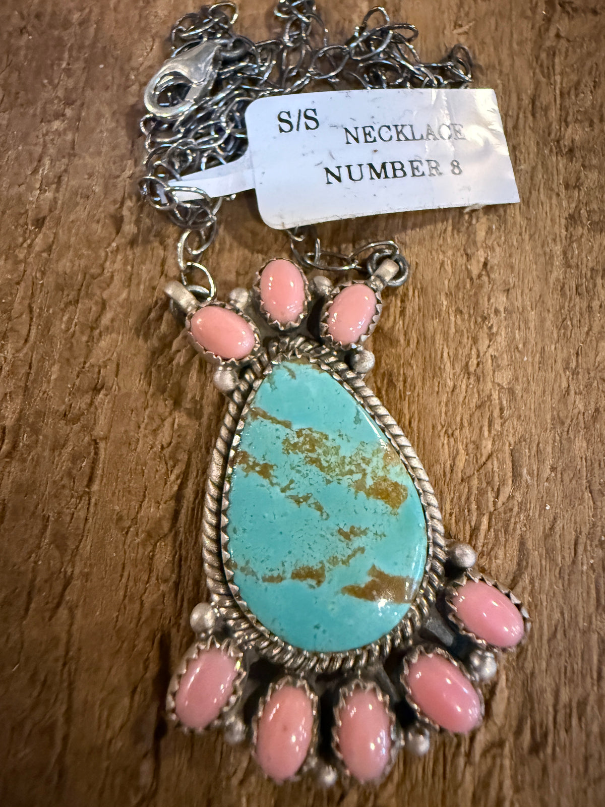 Queen Pink Conch and Number 8 Mine Turquoise 2 Inch Pendant 19 Inch Chain Necklace in Sterling Silver