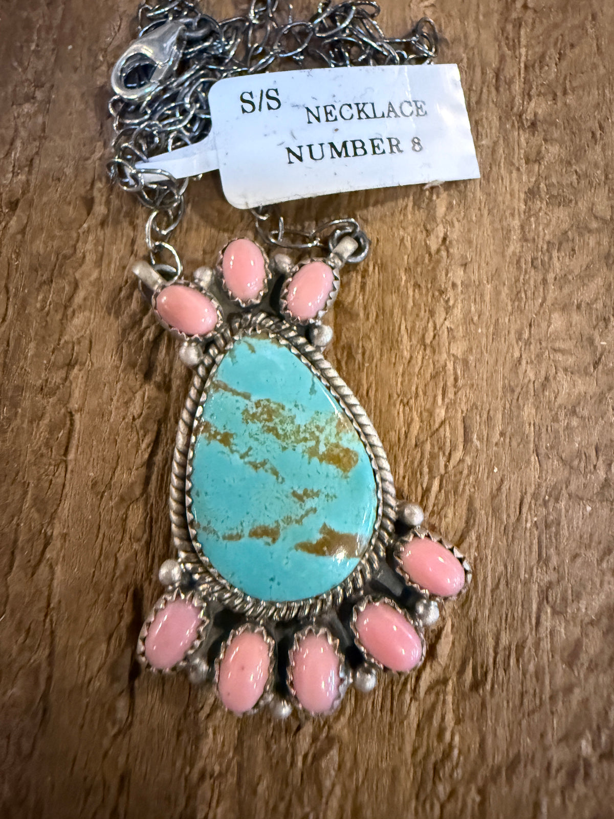 Queen Pink Conch and Number 8 Mine Turquoise 2 Inch Pendant 19 Inch Chain Necklace in Sterling Silver