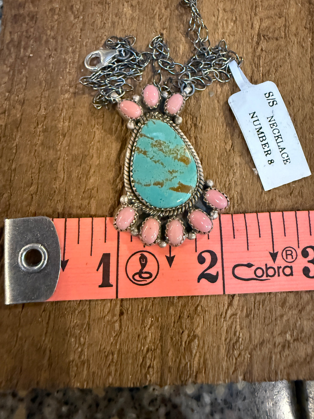 Queen Pink Conch and Number 8 Mine Turquoise 2 Inch Pendant 19 Inch Chain Necklace in Sterling Silver