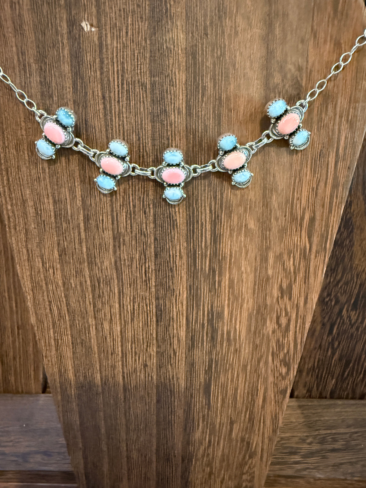 Larimar and Queen Pink Conch 18 Inch Adjustable Choker or Necklace In Sterling Silver