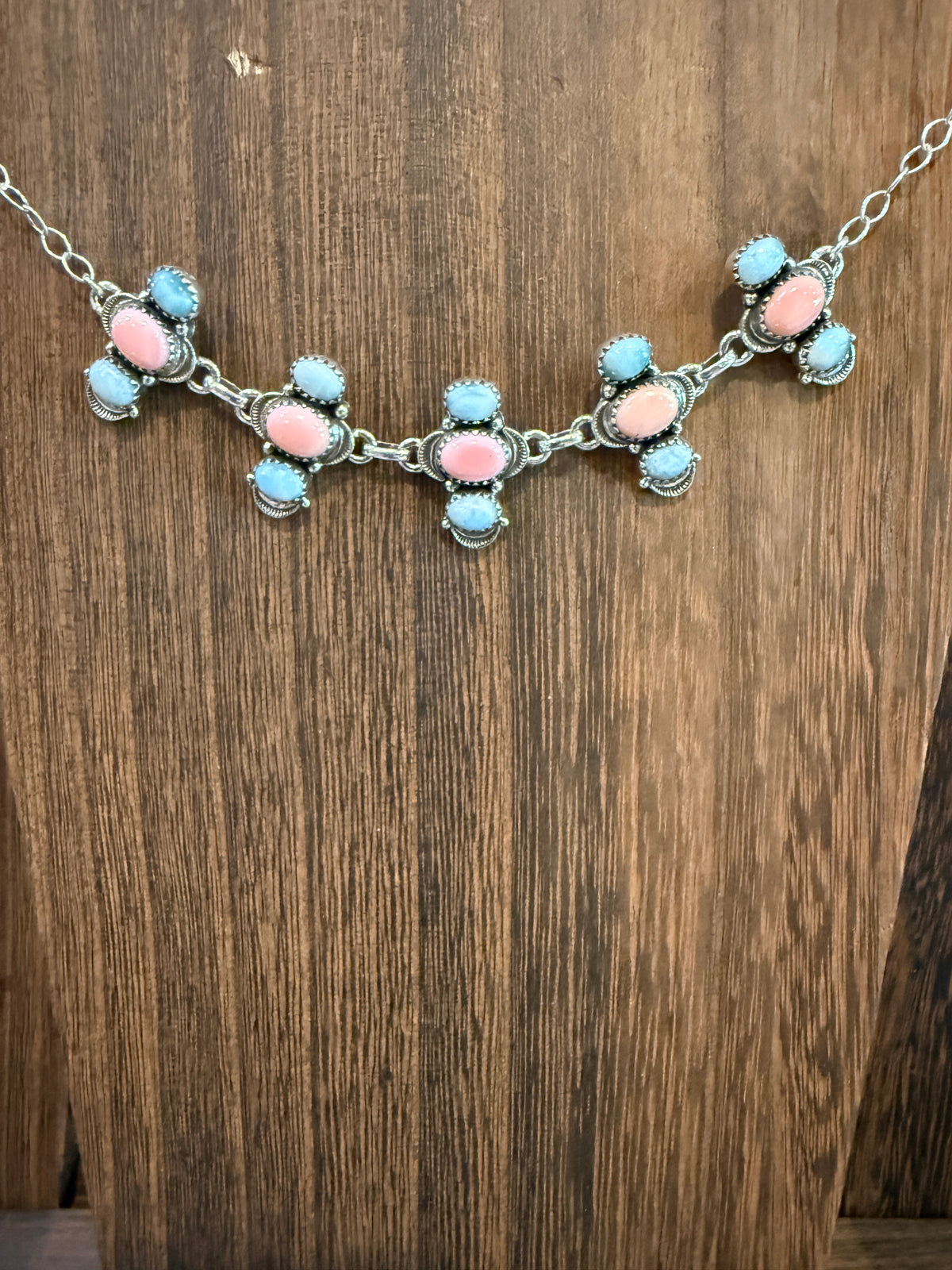 Larimar and Queen Pink Conch 18 Inch Adjustable Choker or Necklace In Sterling Silver