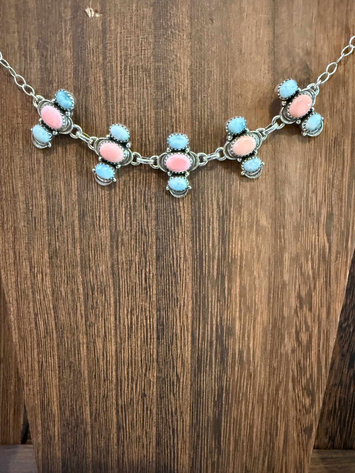 Larimar and Queen Pink Conch 18 Inch Adjustable Choker or Necklace In Sterling Silver