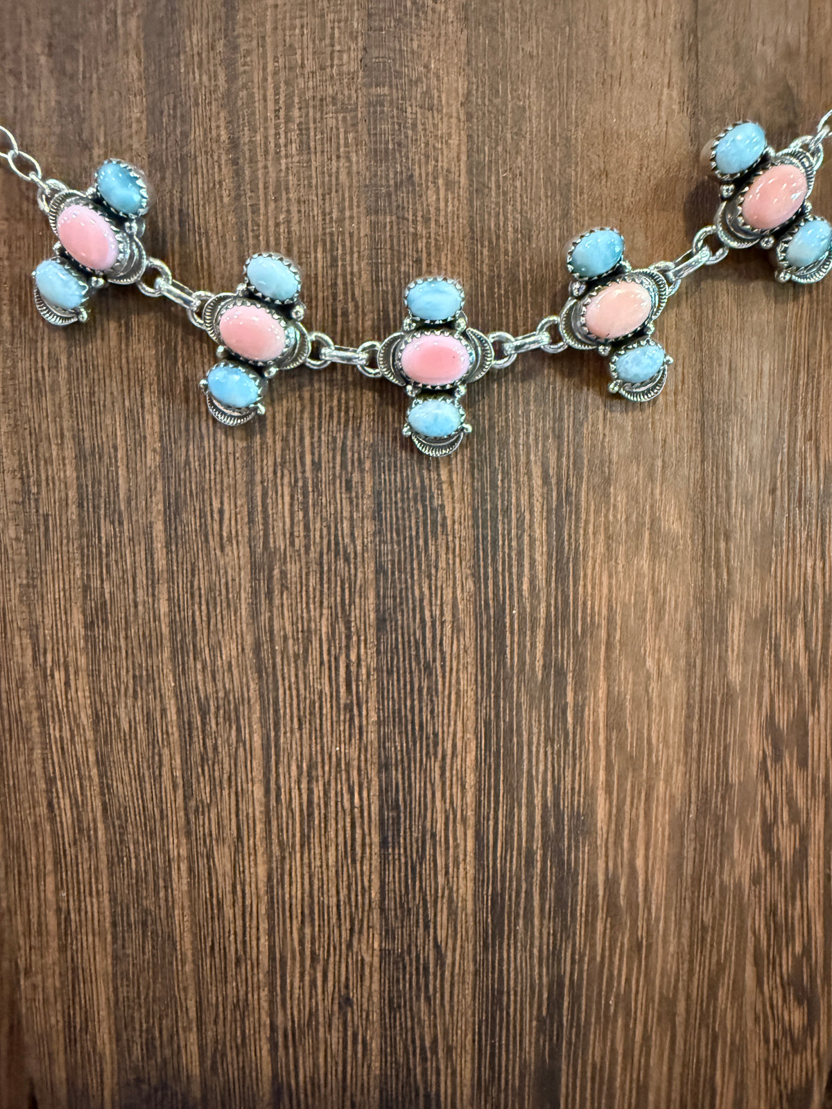 Larimar and Queen Pink Conch 18 Inch Adjustable Choker or Necklace In Sterling Silver