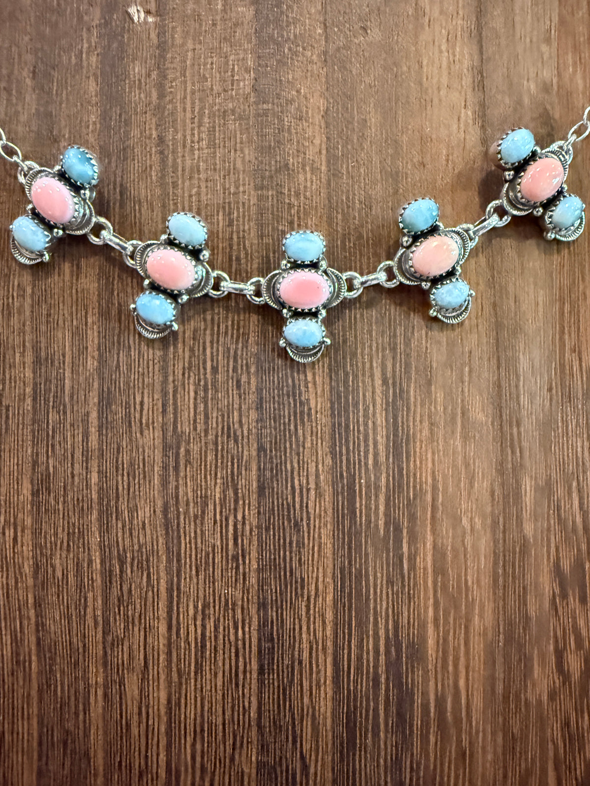 Larimar and Queen Pink Conch 18 Inch Adjustable Choker or Necklace In Sterling Silver