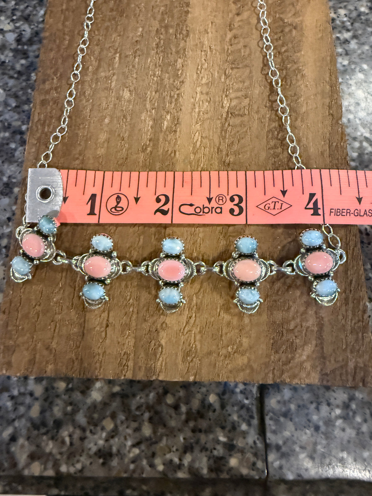 Larimar and Queen Pink Conch 18 Inch Adjustable Choker or Necklace In Sterling Silver