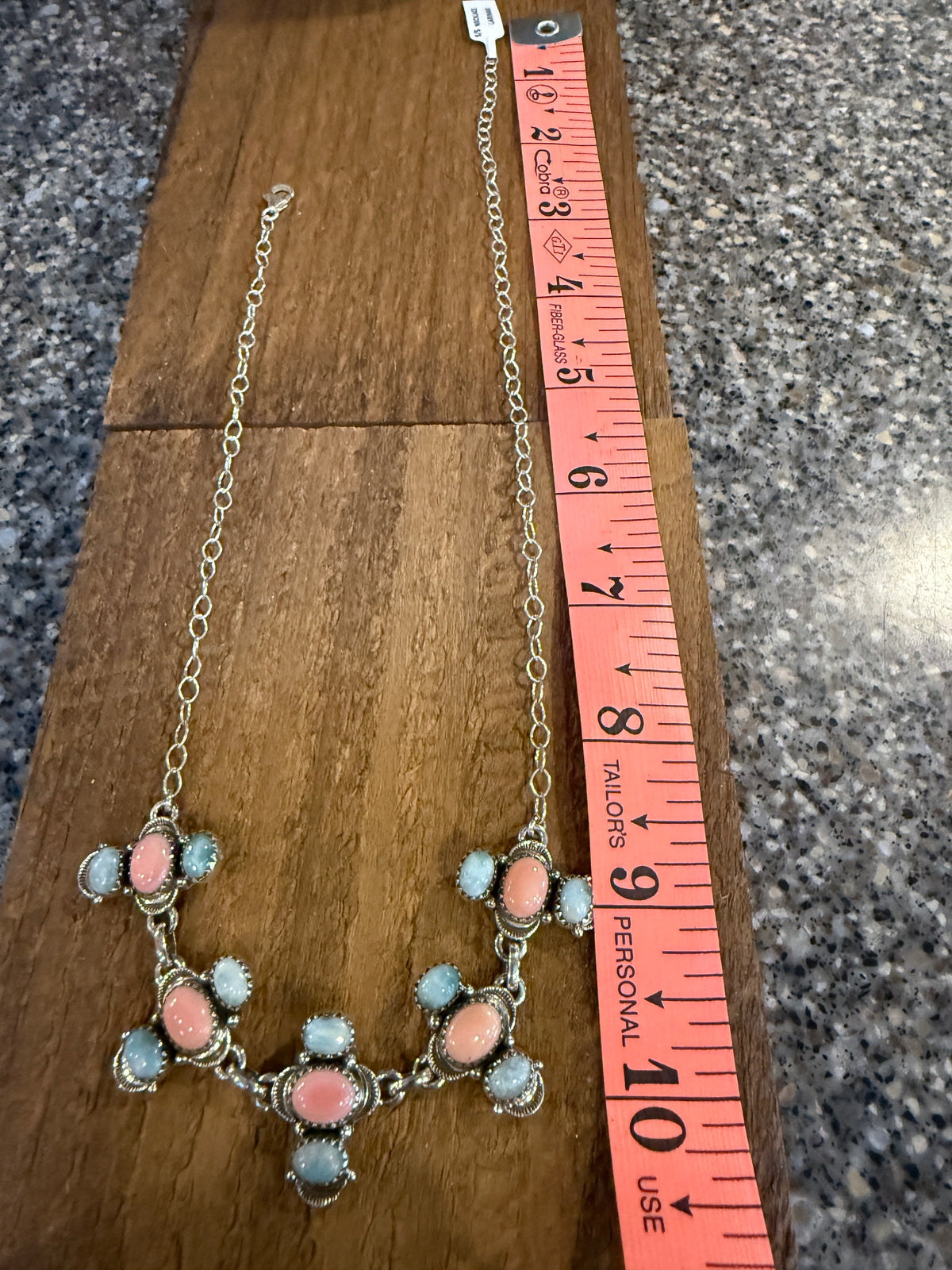 Larimar and Queen Pink Conch 18 Inch Adjustable Choker or Necklace In Sterling Silver