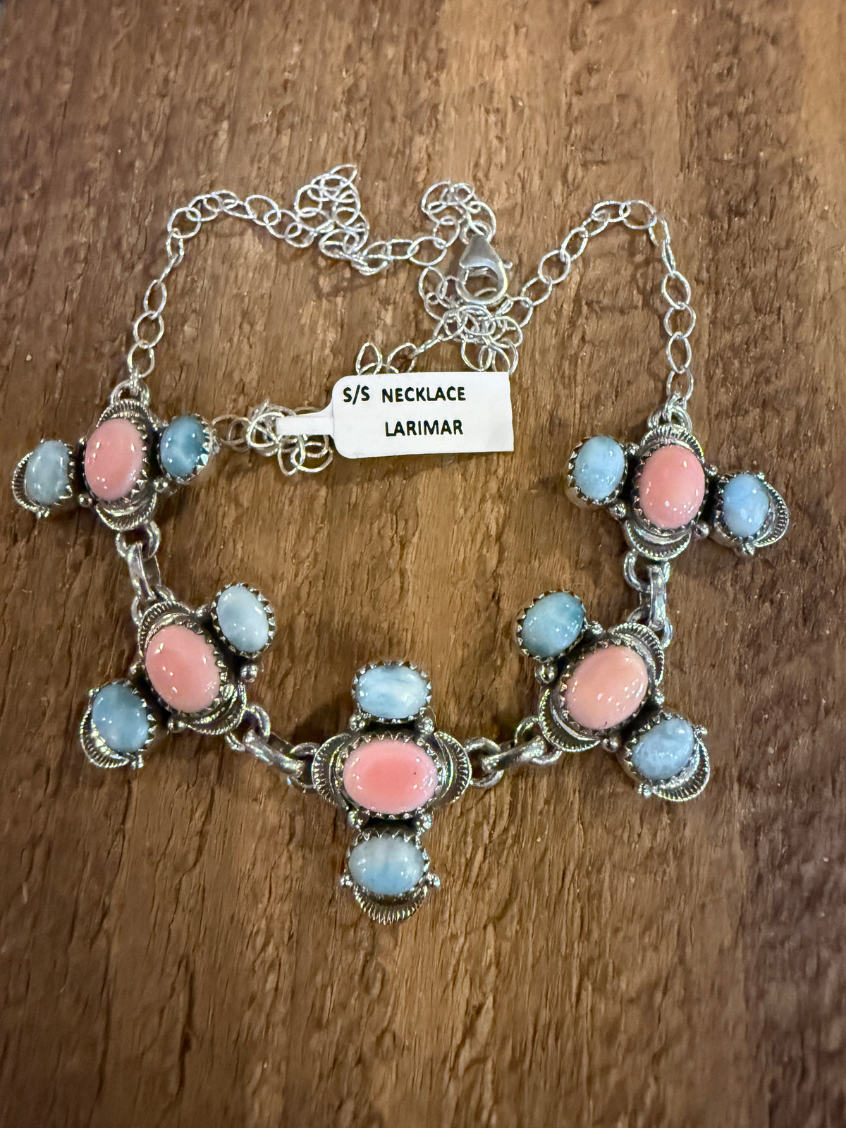 Larimar and Queen Pink Conch 18 Inch Adjustable Choker or Necklace In Sterling Silver