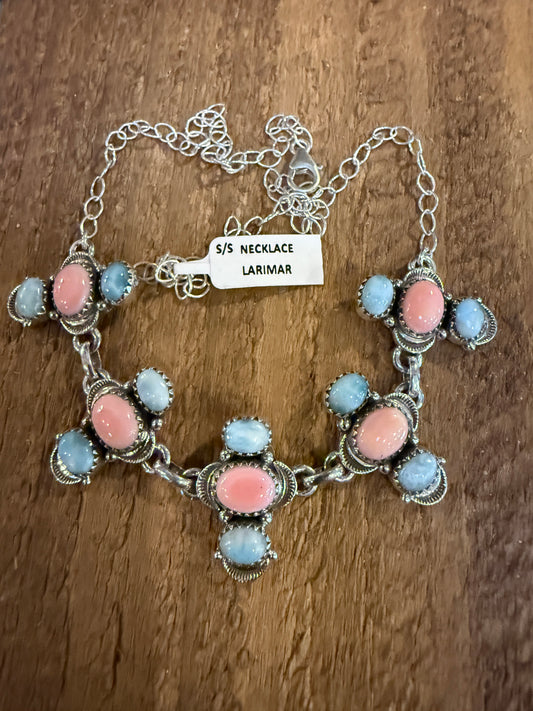 Larimar and Queen Pink Conch 18 Inch Adjustable Choker or Necklace In Sterling Silver
