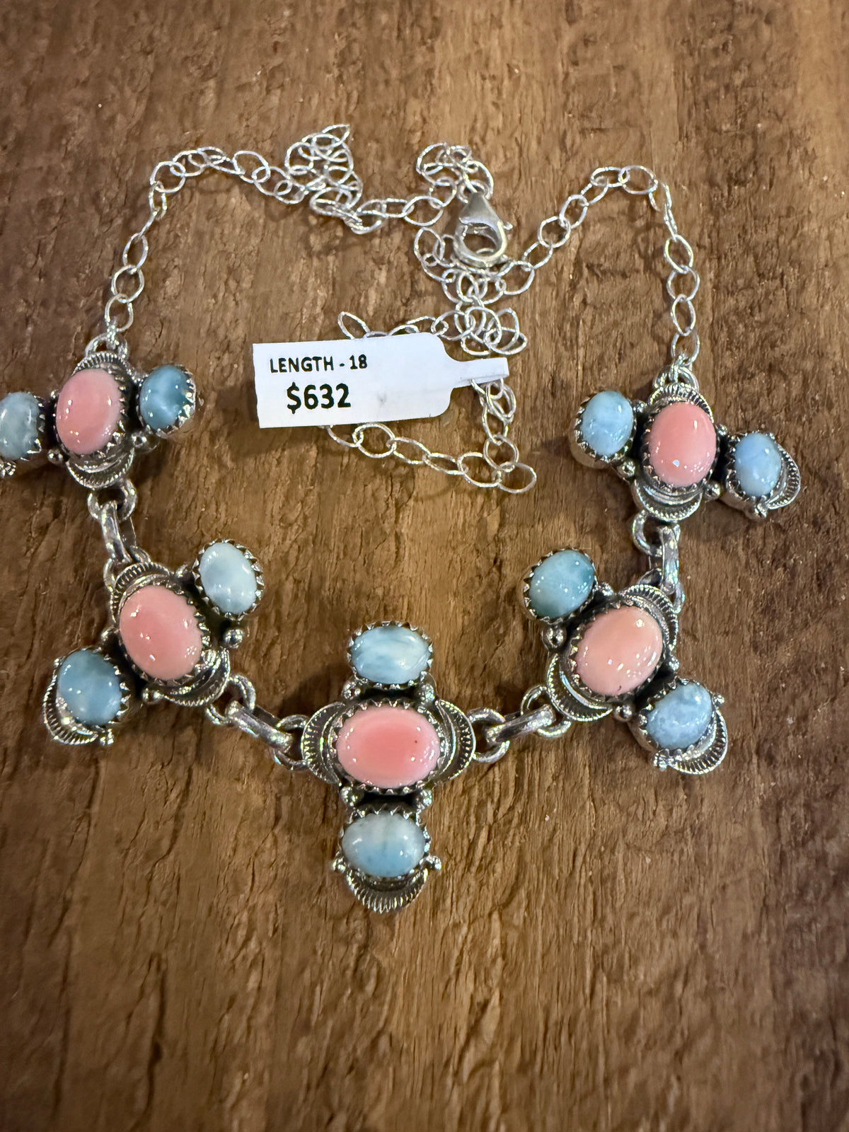 Larimar and Queen Pink Conch 18 Inch Adjustable Choker or Necklace In Sterling Silver