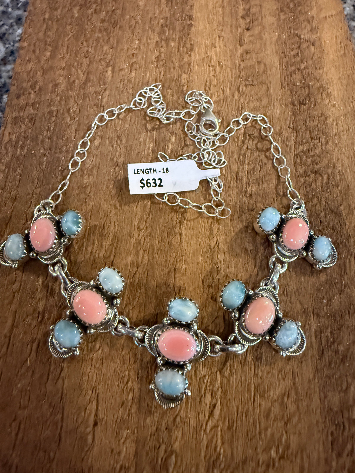 Larimar and Queen Pink Conch 18 Inch Adjustable Choker or Necklace In Sterling Silver