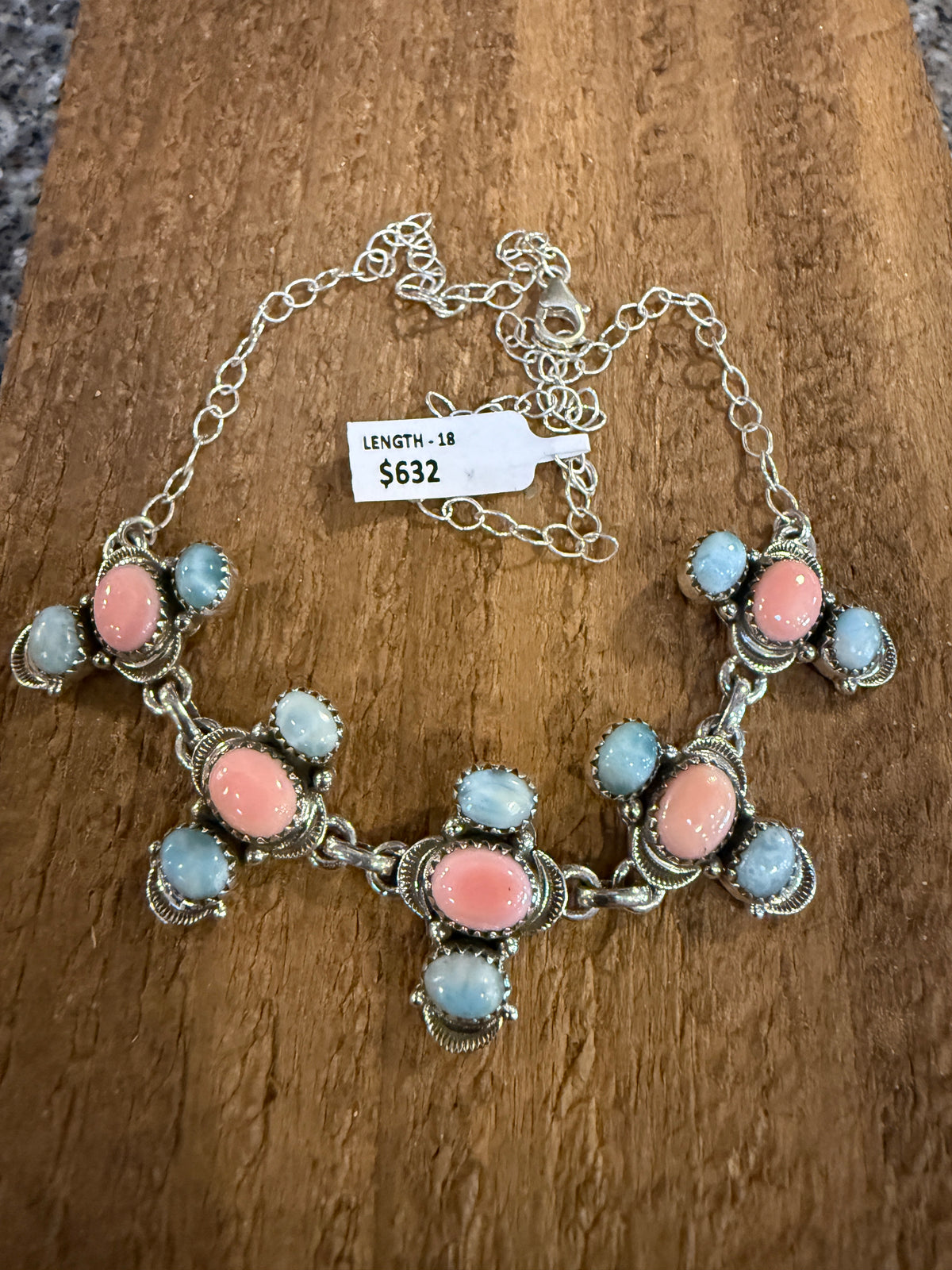 Larimar and Queen Pink Conch 18 Inch Adjustable Choker or Necklace In Sterling Silver