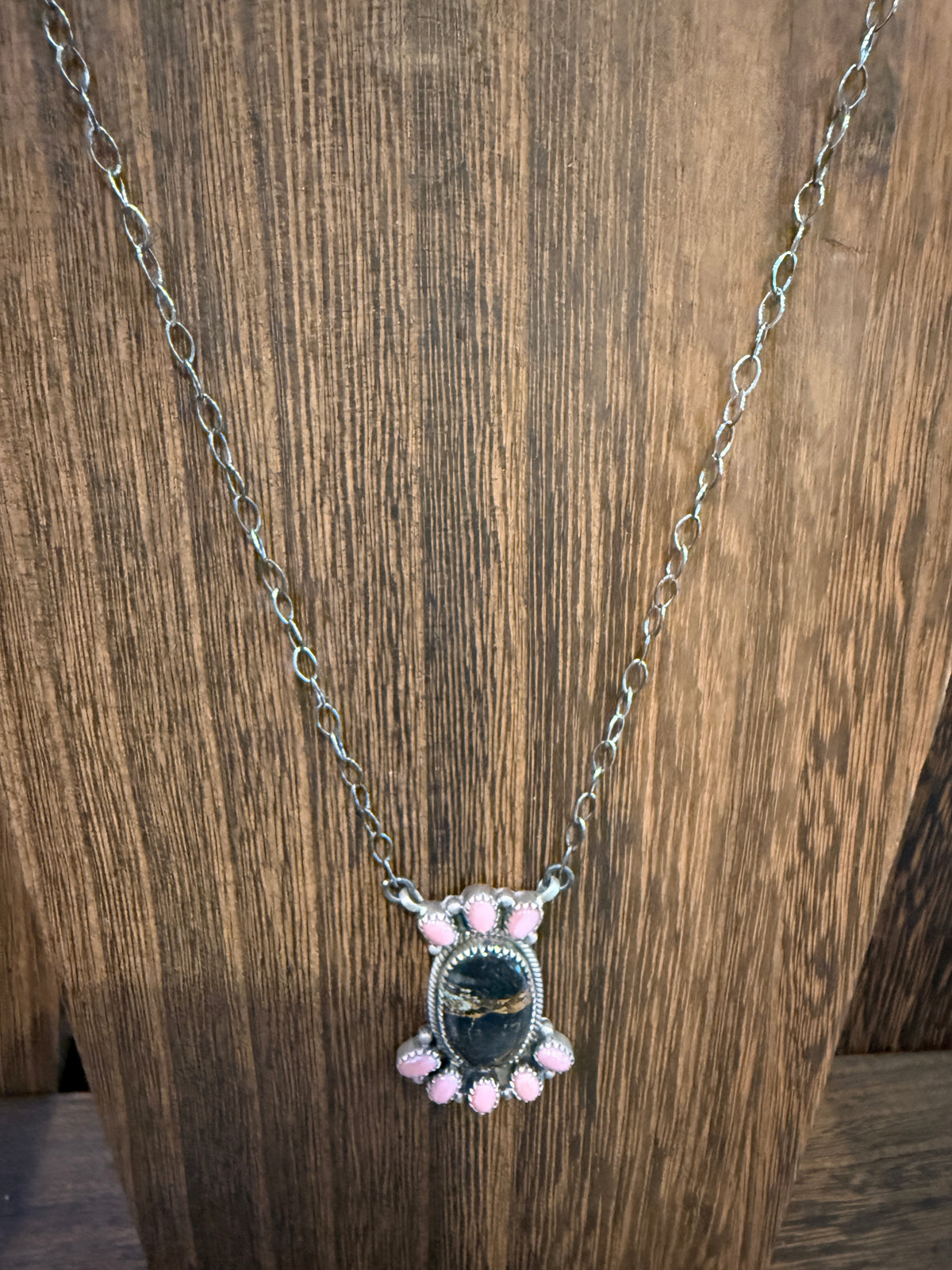 Nevada Blackjack Turquoise and Queen Pink Conch 19 Inch Chain Necklace in Sterling Silver