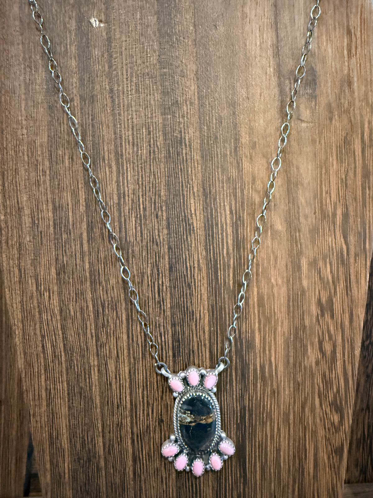 Nevada Blackjack Turquoise and Queen Pink Conch 19 Inch Chain Necklace in Sterling Silver