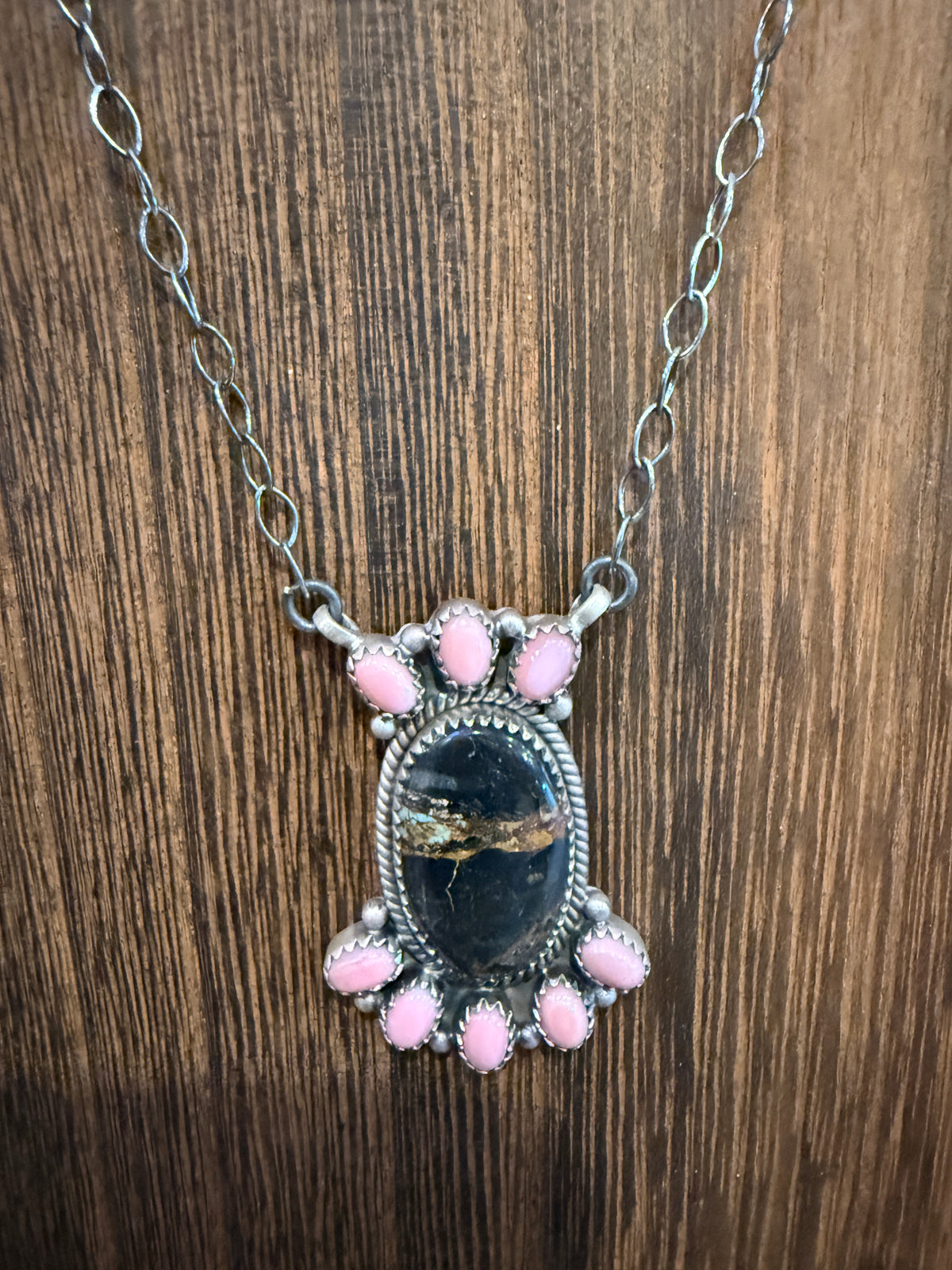 Nevada Blackjack Turquoise and Queen Pink Conch 19 Inch Chain Necklace in Sterling Silver