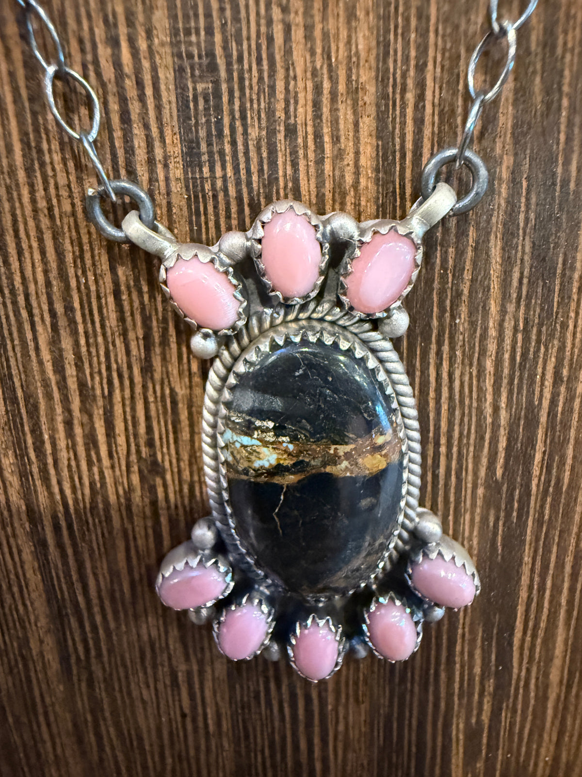 Nevada Blackjack Turquoise and Queen Pink Conch 19 Inch Chain Necklace in Sterling Silver