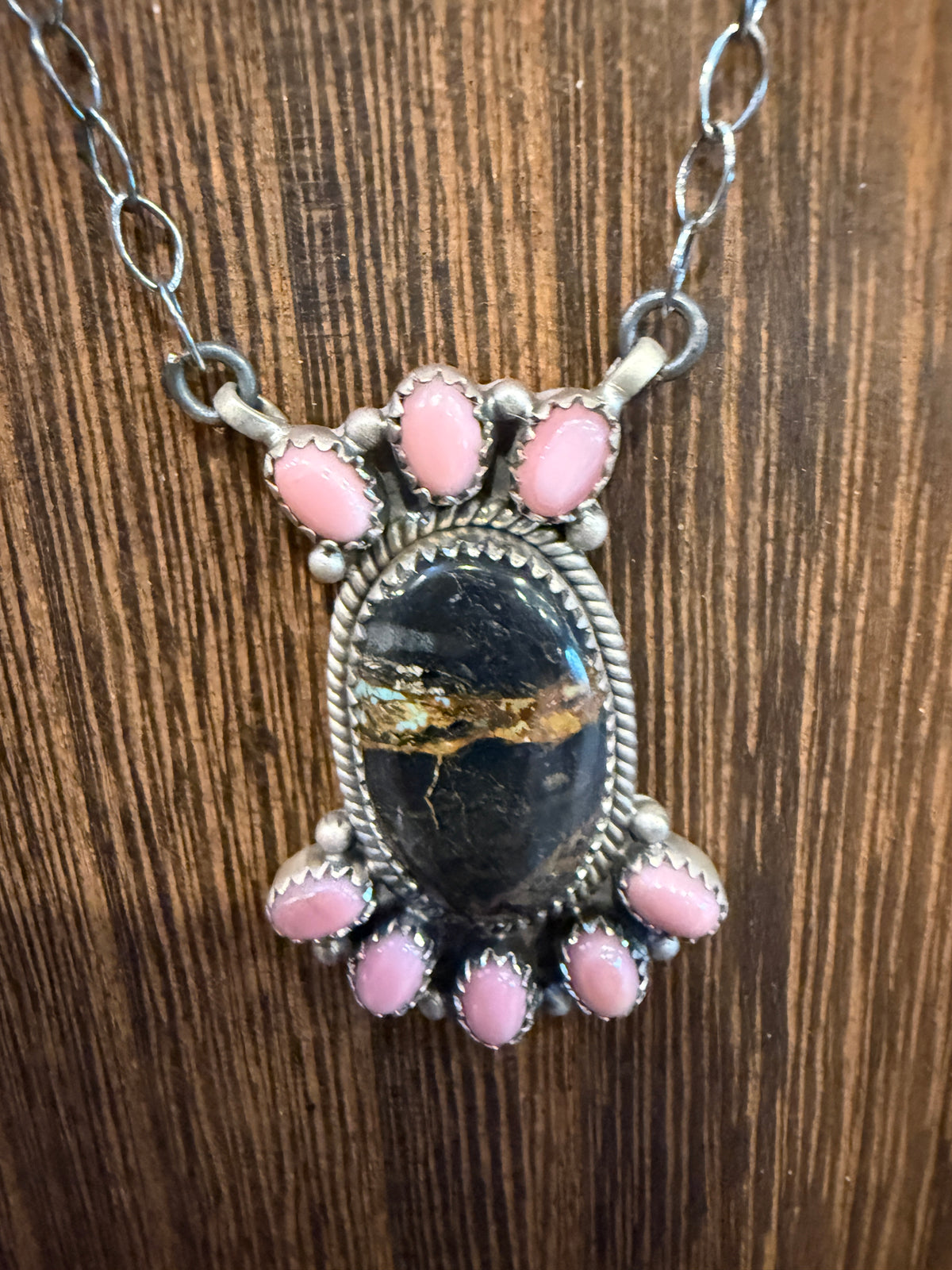 Nevada Blackjack Turquoise and Queen Pink Conch 19 Inch Chain Necklace in Sterling Silver