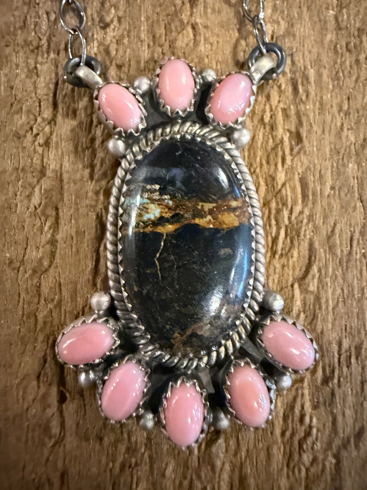 Nevada Blackjack Turquoise and Queen Pink Conch 19 Inch Chain Necklace in Sterling Silver