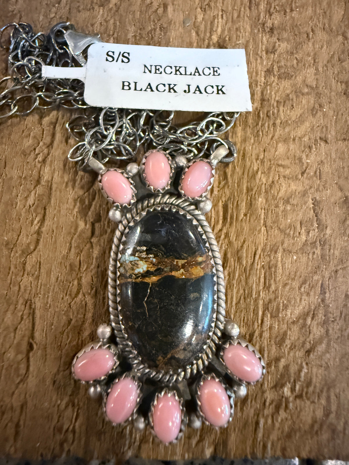 Nevada Blackjack Turquoise and Queen Pink Conch 19 Inch Chain Necklace in Sterling Silver