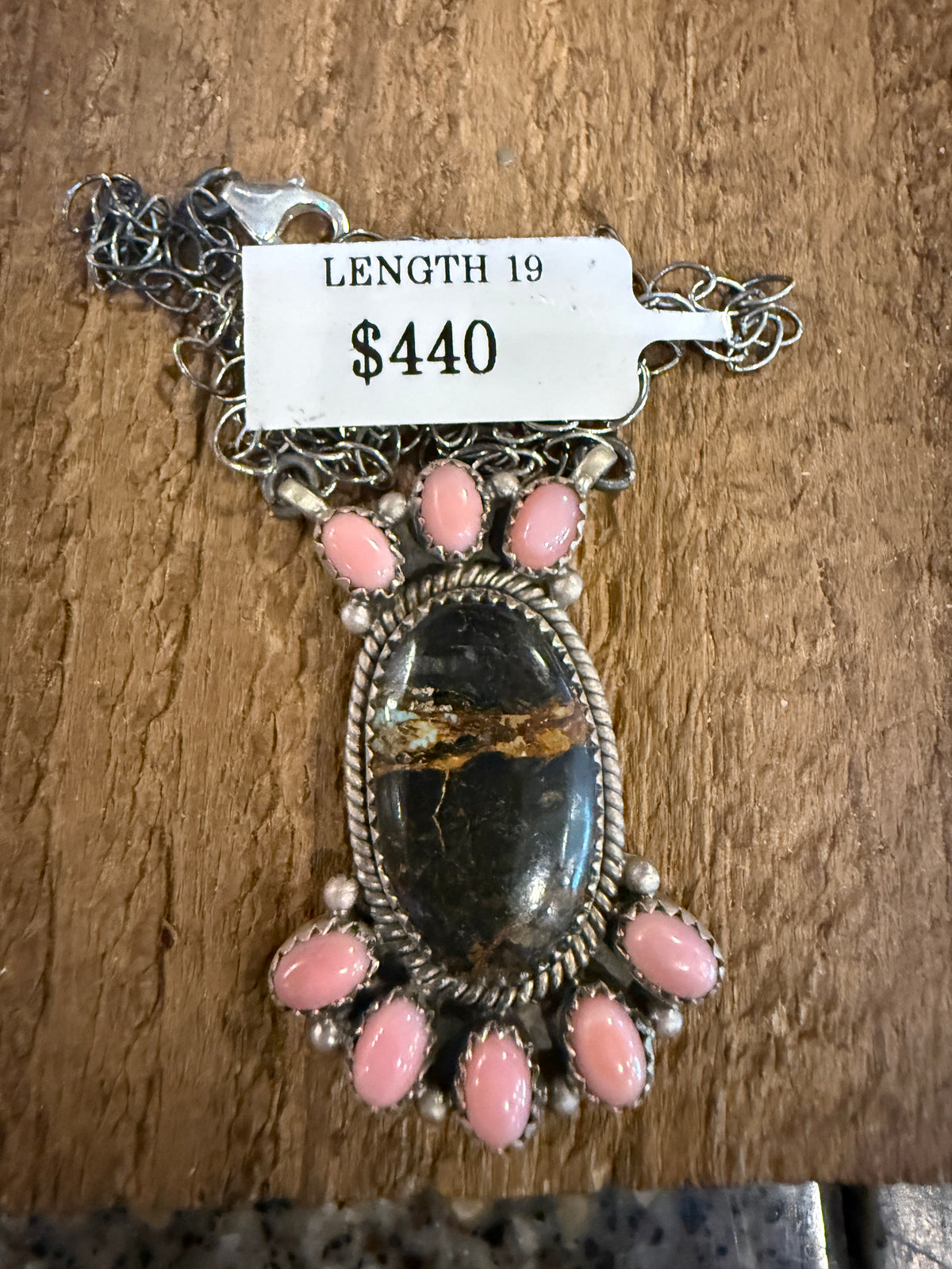 Nevada Blackjack Turquoise and Queen Pink Conch 19 Inch Chain Necklace in Sterling Silver