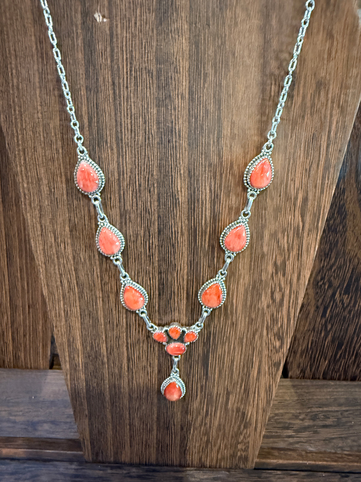 Orange Spiny Turquoise Gemstone 20 Inch Lariat or Choker Adjustable Chain Necklace in Sterling Silver