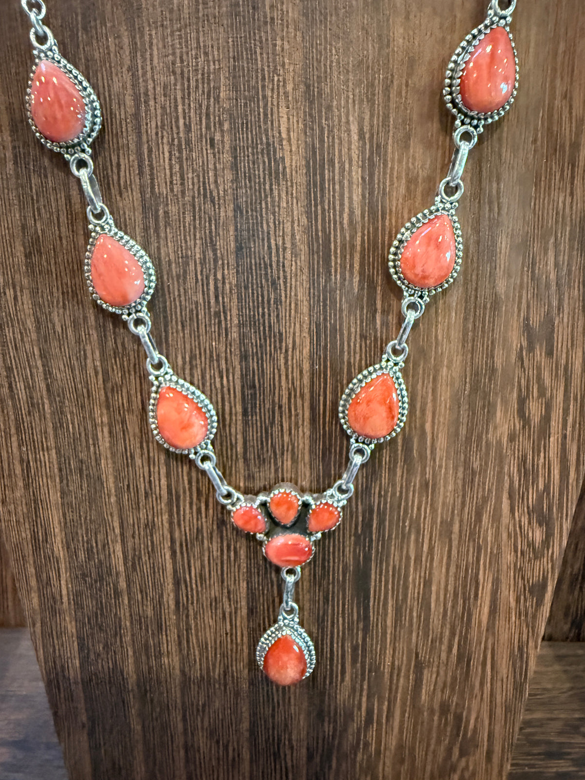 Orange Spiny Turquoise Gemstone 20 Inch Lariat or Choker Adjustable Chain Necklace in Sterling Silver