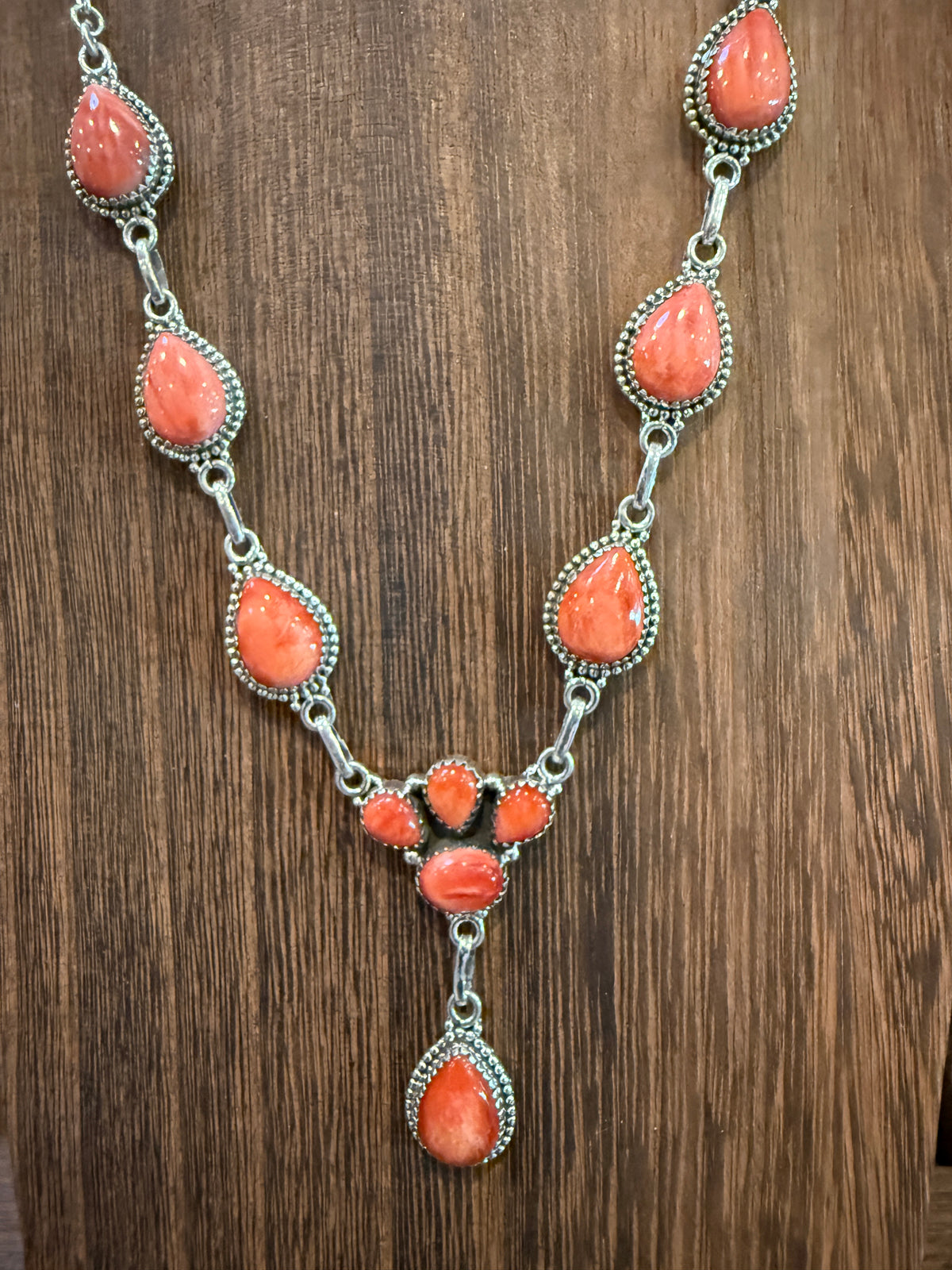 Orange Spiny Turquoise Gemstone 20 Inch Lariat or Choker Adjustable Chain Necklace in Sterling Silver