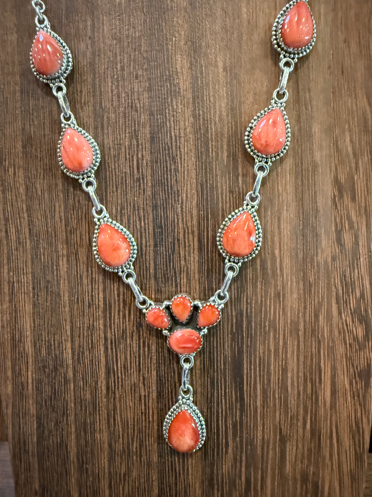 Orange Spiny Turquoise Gemstone 20 Inch Lariat or Choker Adjustable Chain Necklace in Sterling Silver