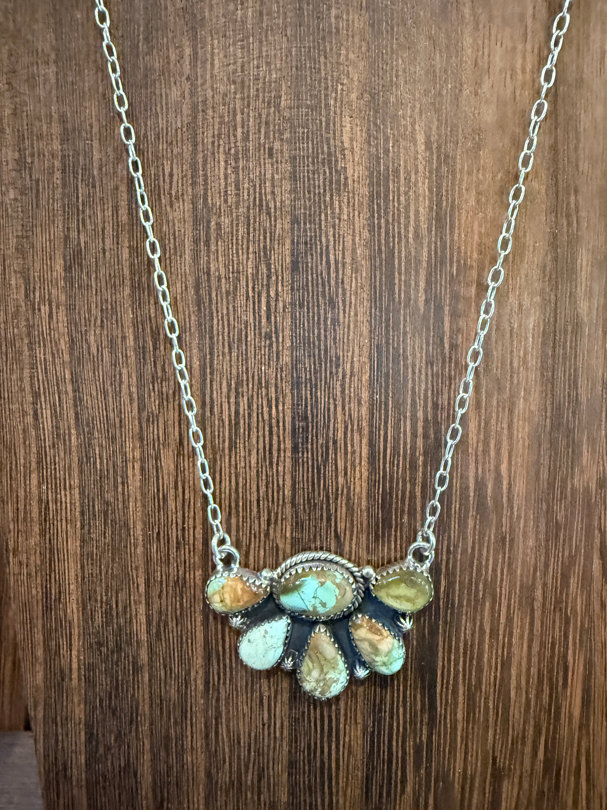 Pilot Mountain Turquoise Gemstone 19 Inch Half Cluster Chain Necklace in Sterling Silver
