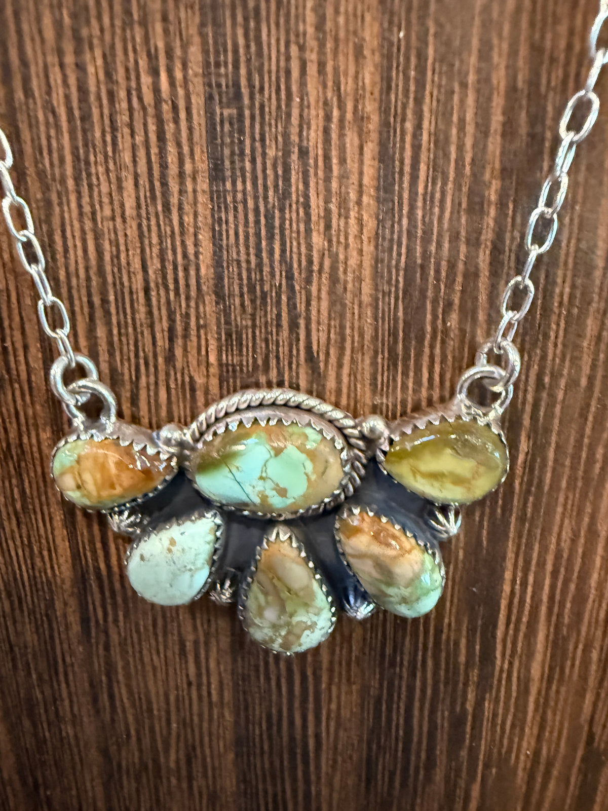 Pilot Mountain Turquoise Gemstone 19 Inch Half Cluster Chain Necklace in Sterling Silver