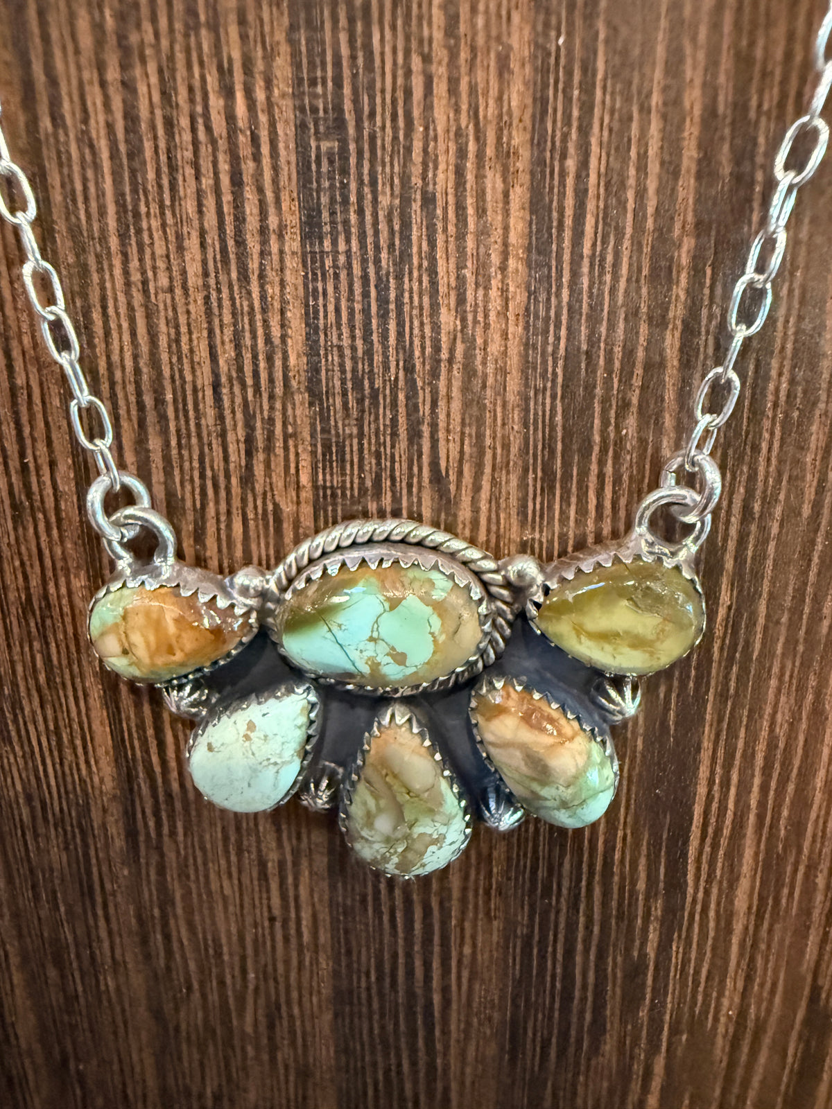Pilot Mountain Turquoise Gemstone 19 Inch Half Cluster Chain Necklace in Sterling Silver
