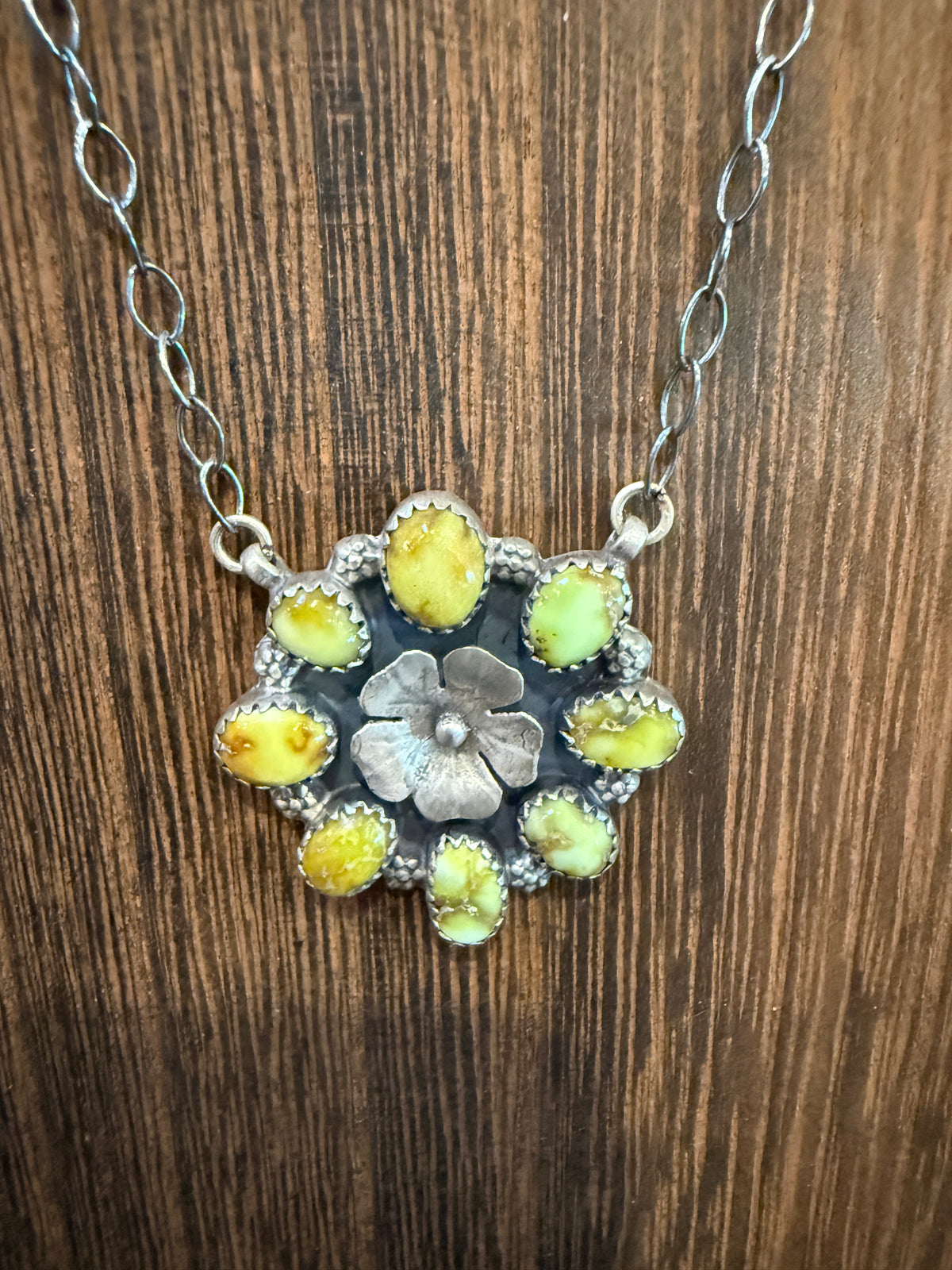 Palomino Turquoise Gemstone Flower Cluster 21 Inch Chain Necklace in Sterling Silver