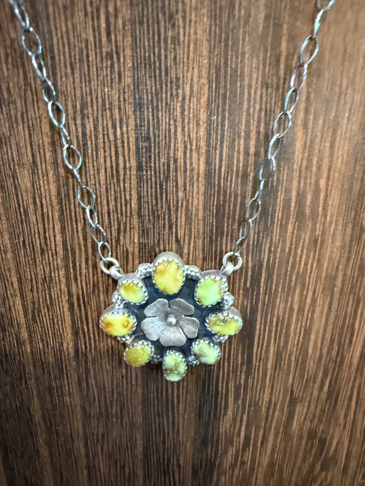 Palomino Turquoise Gemstone Flower Cluster 21 Inch Chain Necklace in Sterling Silver