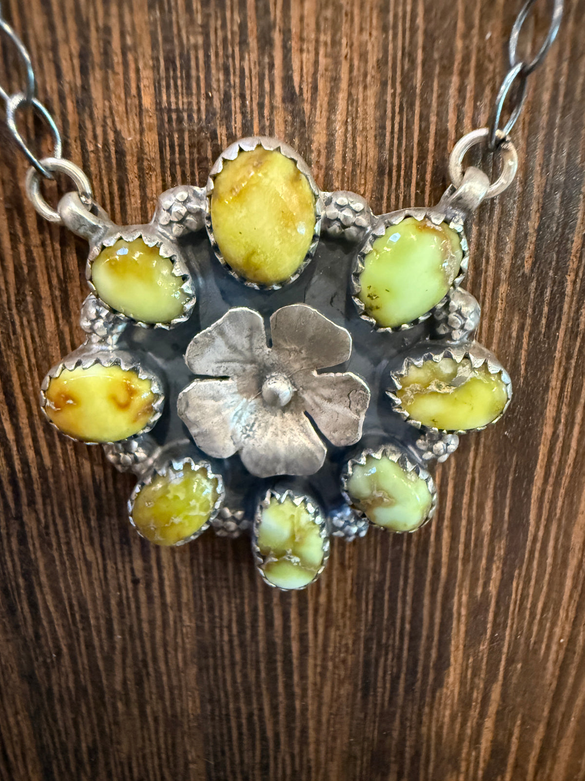 Palomino Turquoise Gemstone Flower Cluster 21 Inch Chain Necklace in Sterling Silver