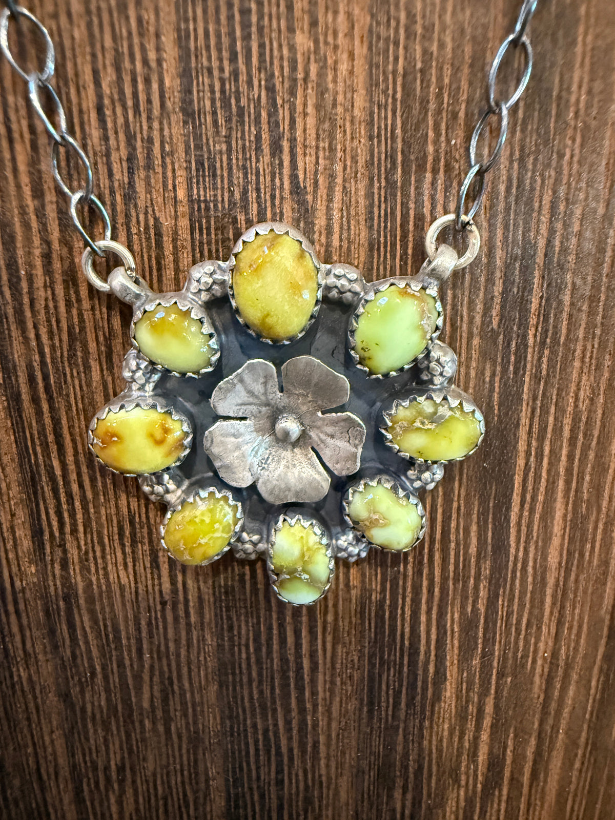 Palomino Turquoise Gemstone Flower Cluster 21 Inch Chain Necklace in Sterling Silver