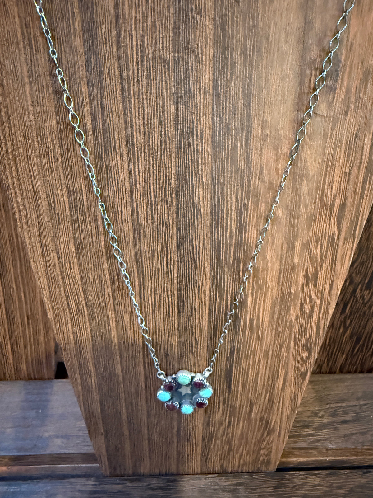 Mohave Turquoise and Purple Spiny Floral Cluster 20 Inch Chain Necklace in Sterling Silver