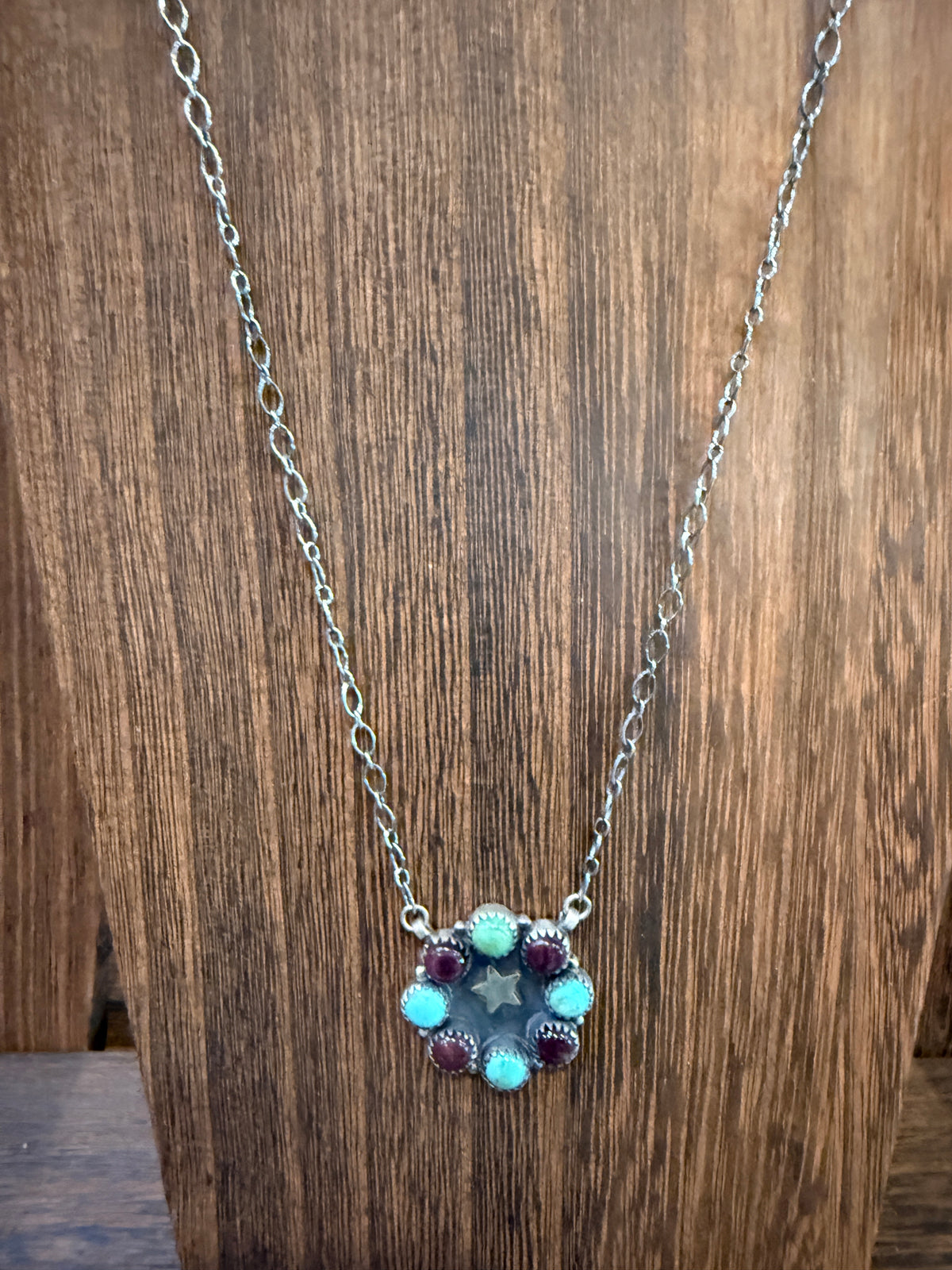 Mohave Turquoise and Purple Spiny Floral Cluster 20 Inch Chain Necklace in Sterling Silver