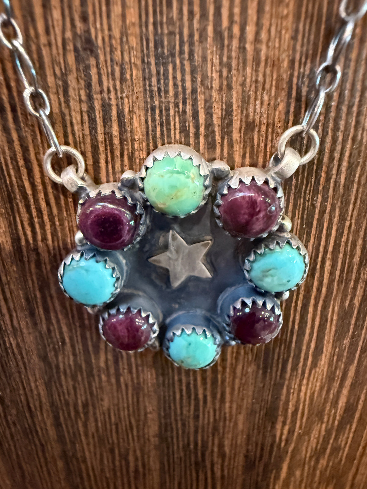 Mohave Turquoise and Purple Spiny Floral Cluster 20 Inch Chain Necklace in Sterling Silver